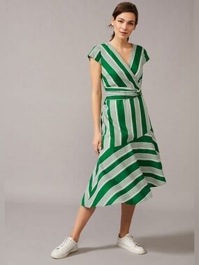 Phase Eight Betka Green Striped V-Neck Dress Size UK 16 US 12